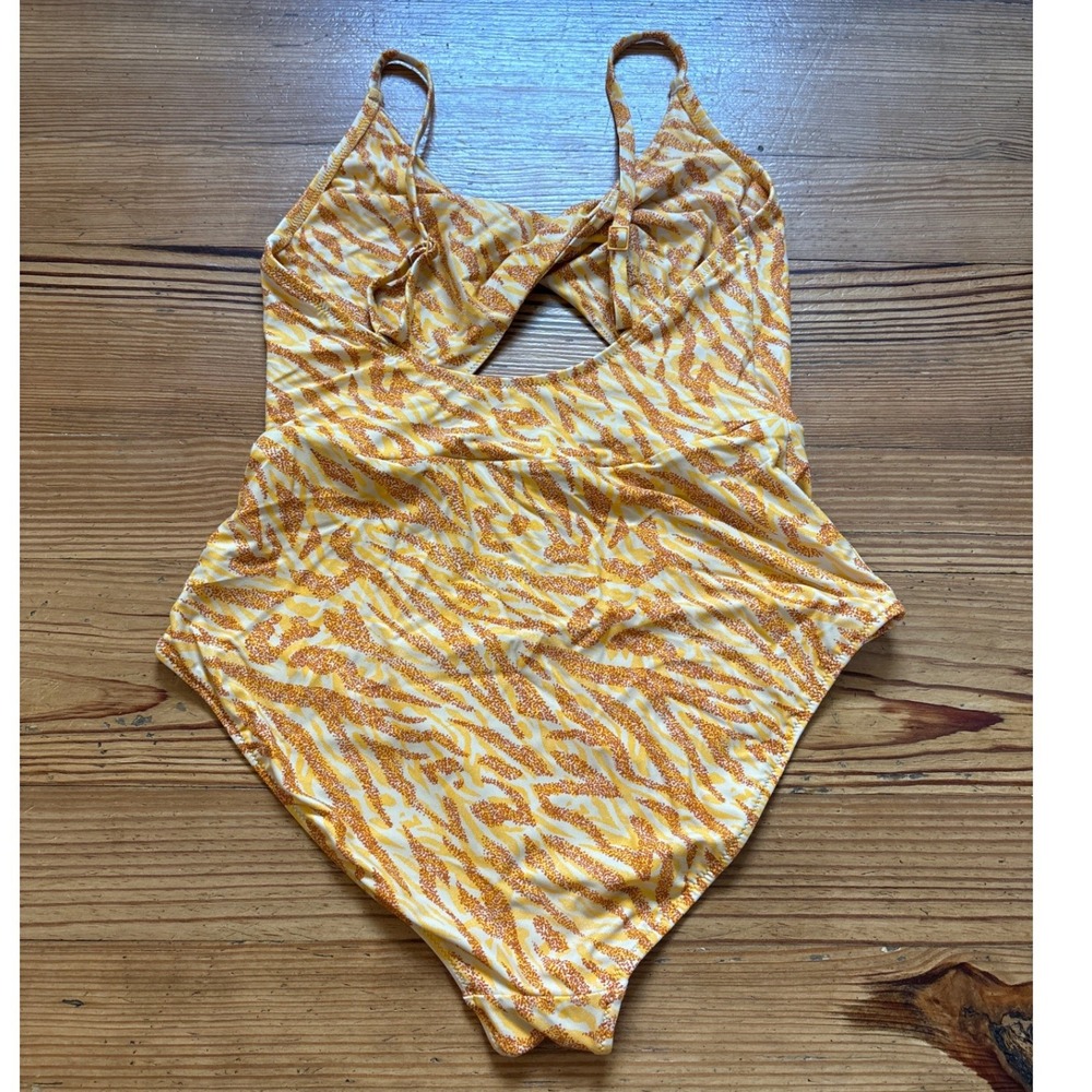 Aerie One Piece Swimsuit Women Yellow Orange Zebra Print Cutout SIZE L - Picture 5 of 5